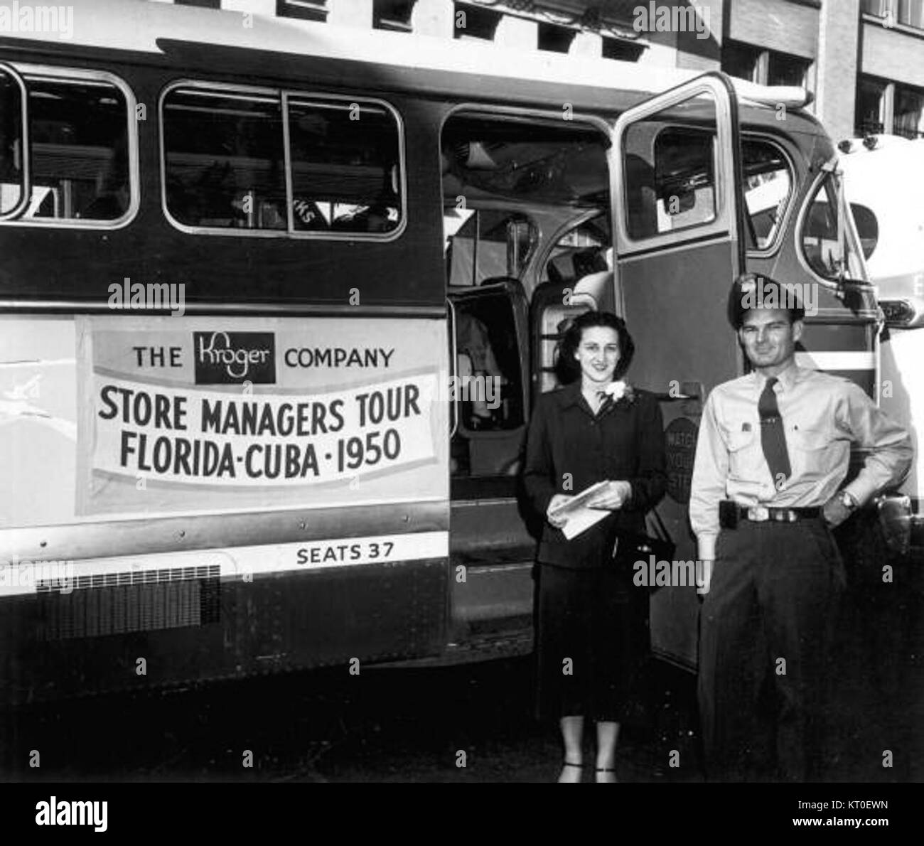 Betty Griggs Kroger tour hostess and bus driver with the bus