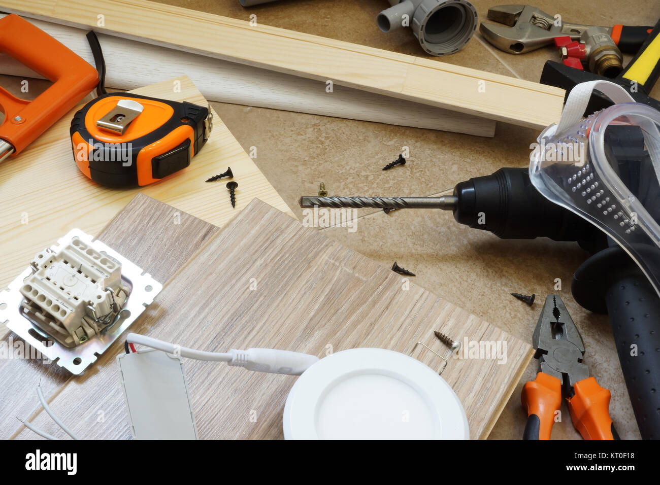 Apartment or house renovation. Working tools and accessories. Stock Photo