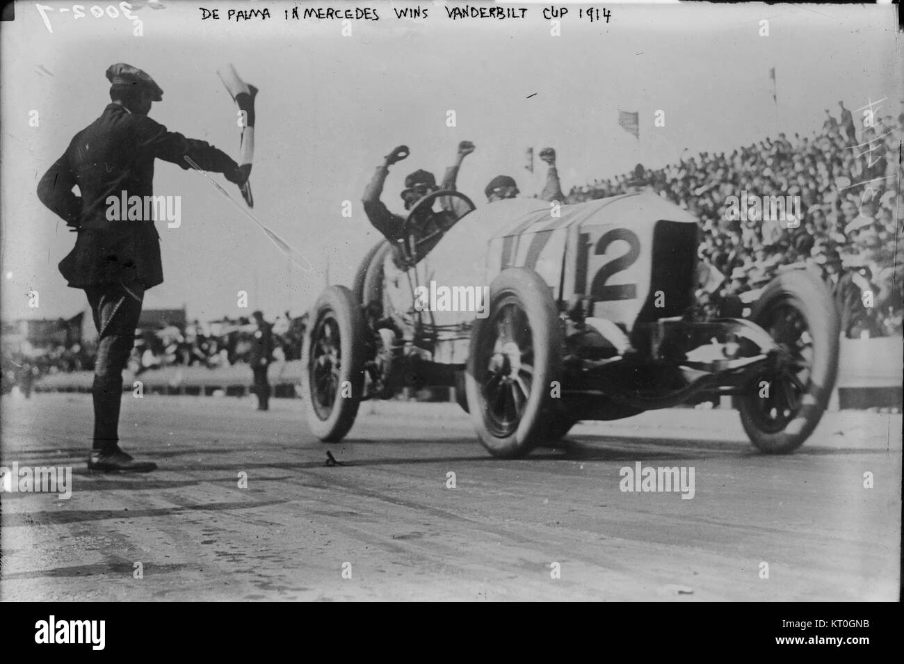 Ralph DePalma won the 1914 Vanderbilt Cup, a prestigious American automobile race held in Long Island. This victory solidified his reputation as one of the leading drivers of his time. Stock Photo