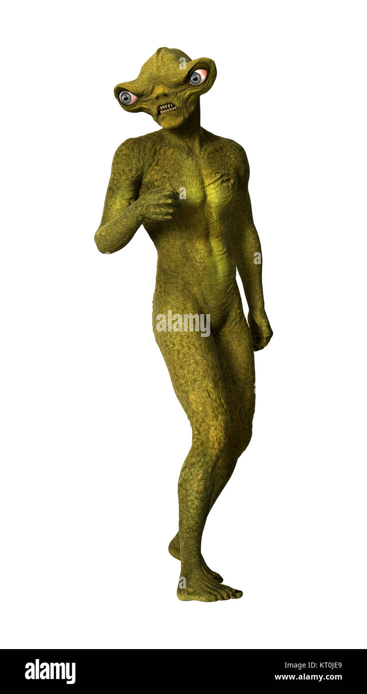 3D Rendering Green Alien on White Stock Photo