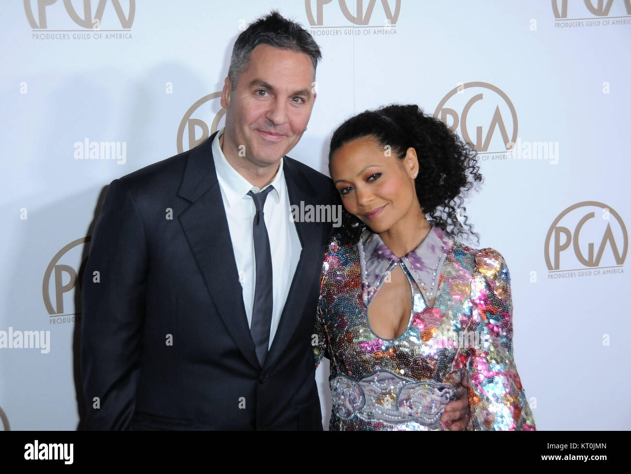 BEVERLY HILLS, CA - JANUARY 28: (L-R) Writer Ol Parker and actress Thandie Newton attend the 28th annual Producers Guild Awards at The Beverly Hilton Hotel on January 28, 2017 in Beverly Hills, California.  Photo by Barry King/Alamy Stock Photo Stock Photo