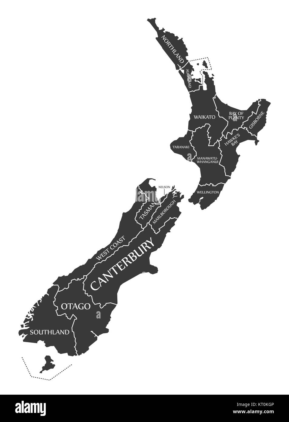 New Zealand Map labelled black Stock Photo