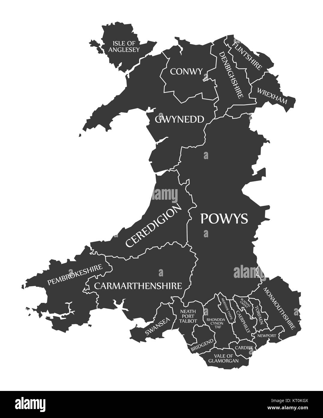 Wales Map labelled black Stock Photo
