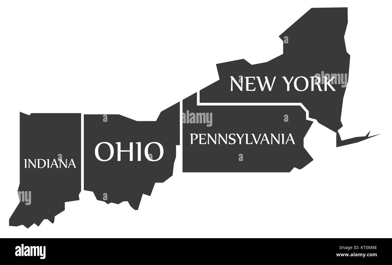 Indiana - Ohio - Pennsylvania - New York Map labelled black Stock Photo
