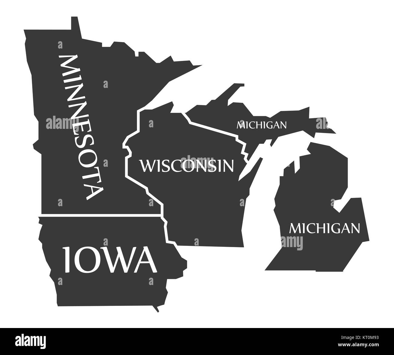 Minnesota Iowa Wisconsin Michigan Map labelled black Stock Photo