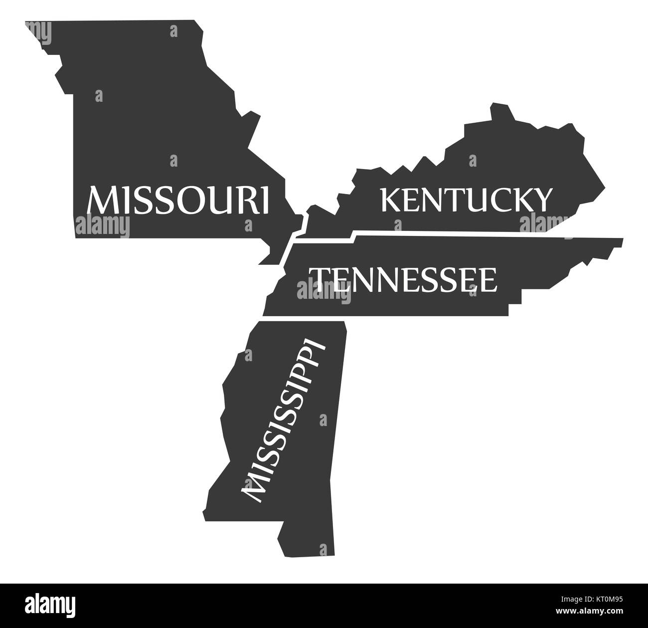 Missouri - Kentucky - Tennessee - Mississippi Map labelled black Stock Photo