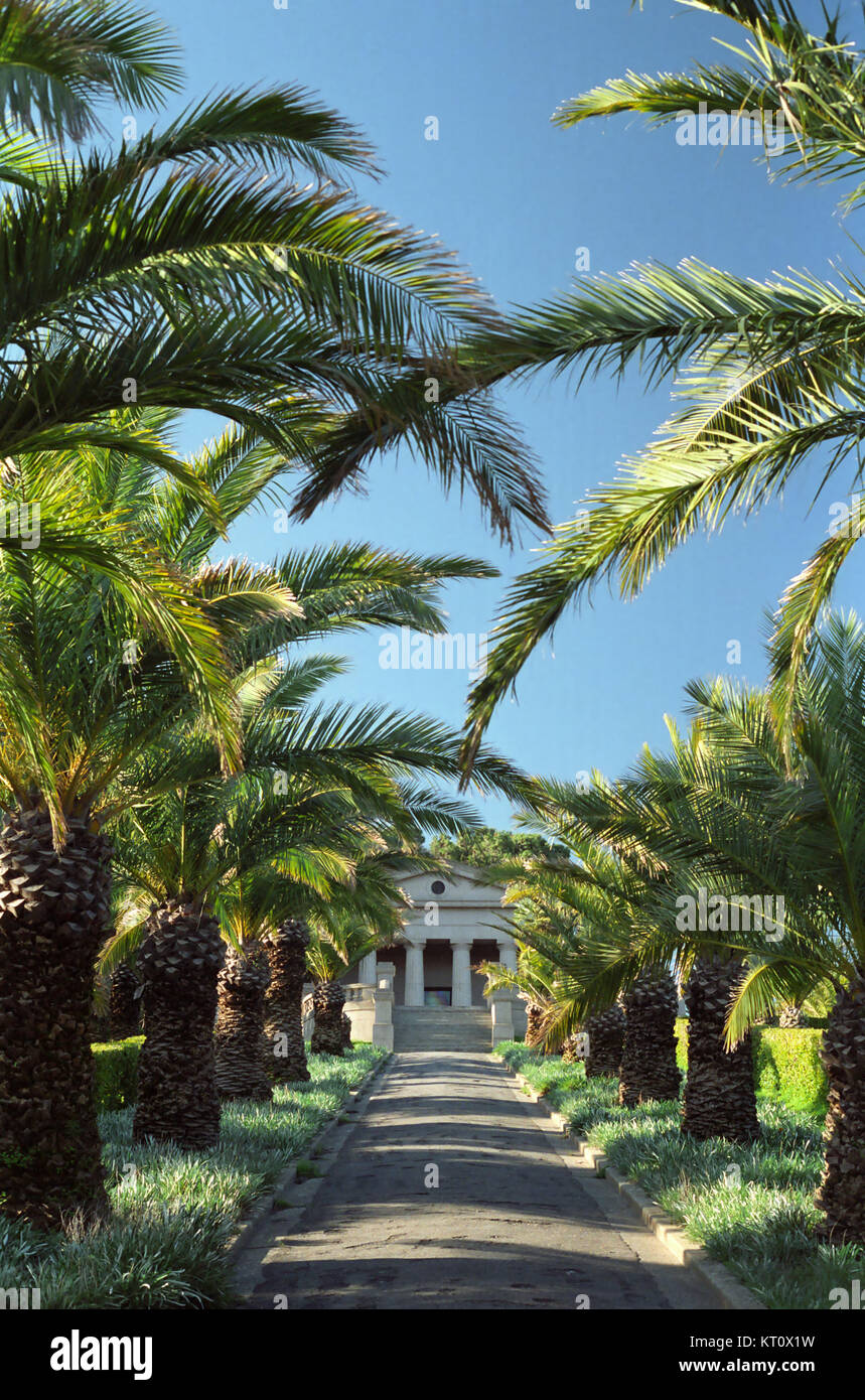 An avenue of palm trees leads to the Seppelt Family Mausoleum, Seppeltsfield, Barossa Valley, South Australia Stock Photo