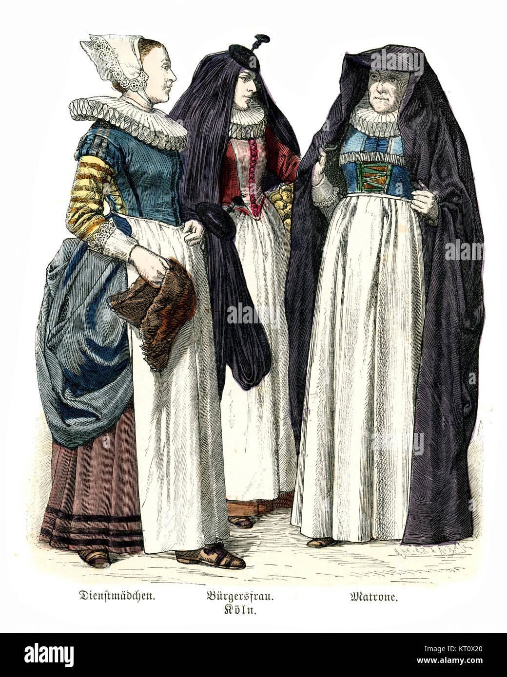 Vintage engraving of Womens fashions in Germany, 17th Century. Servent girl, citizen and matron Stock Photo