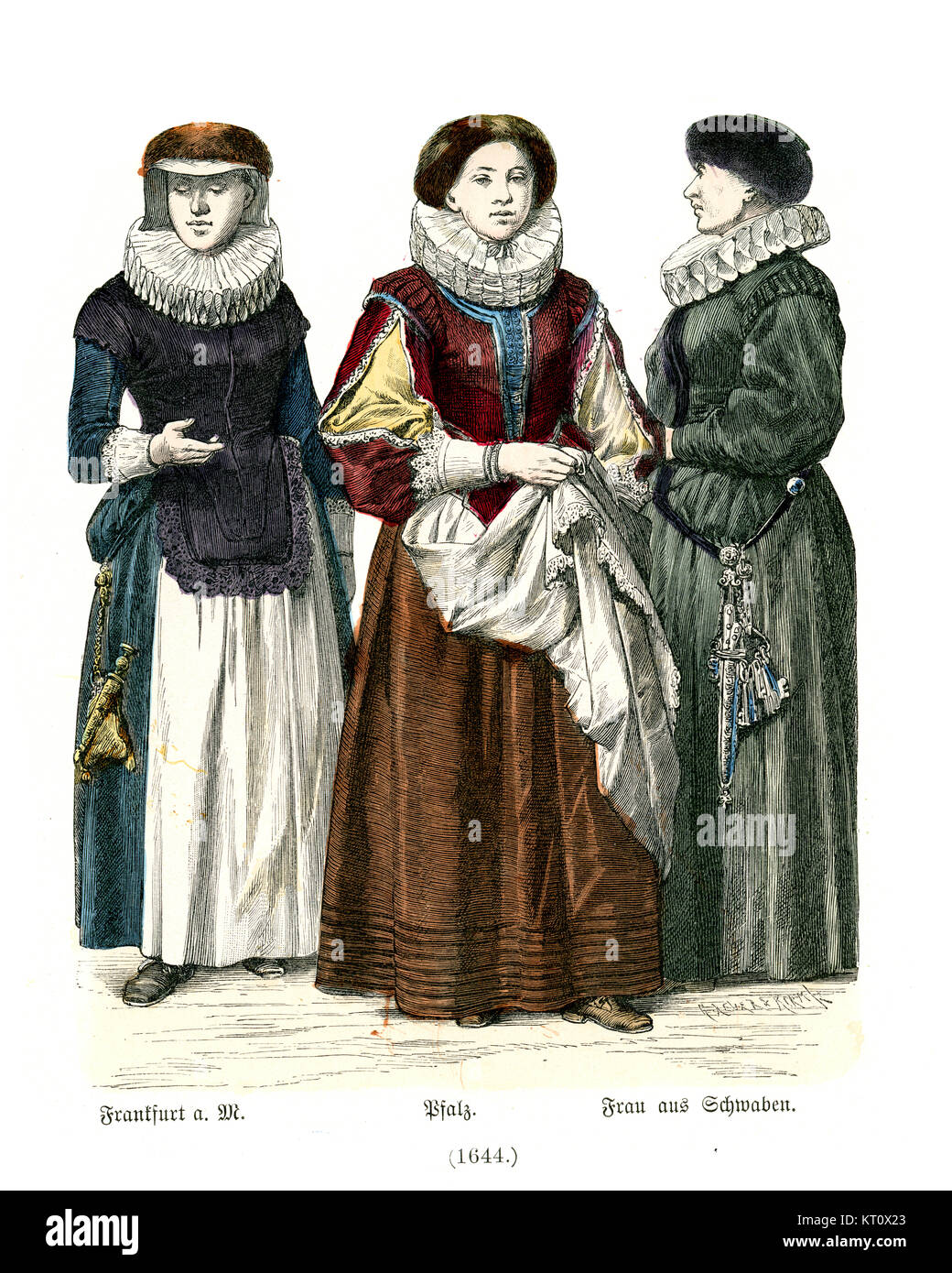 Vintage engraving of Womens fashions in Germany, 17th Century. Frankfurt, Pfalz and Schwaben Stock Photo