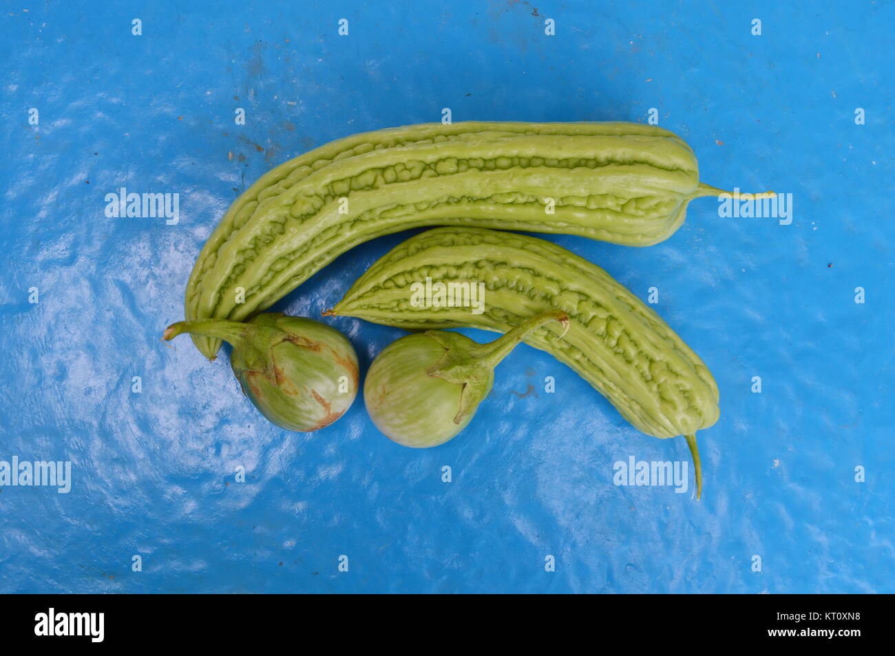 bitter cucumber and egg plant on blue table Stock Photo Alamy