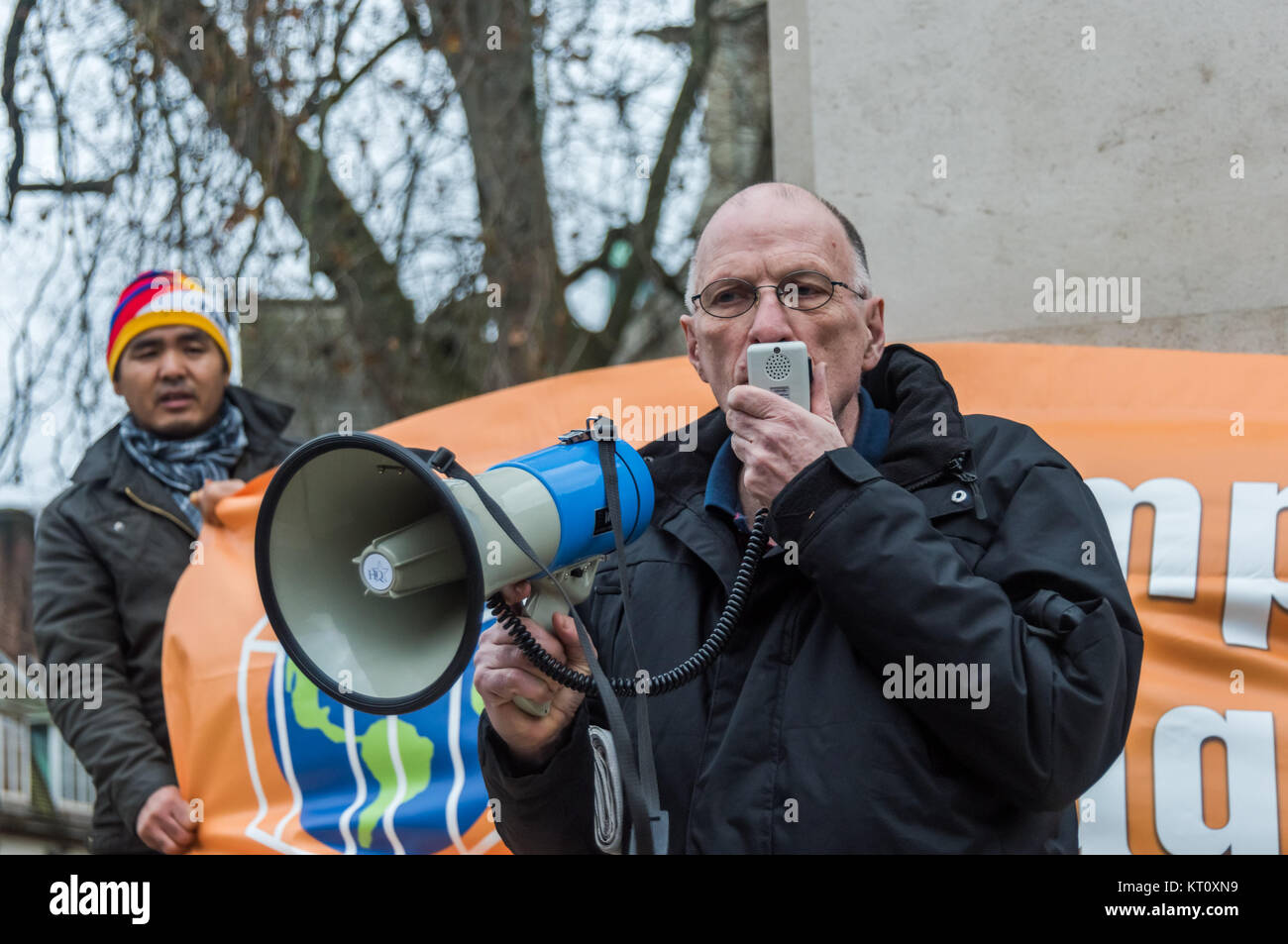 John Stewart of HACAN speaking at the Campaign Against Climate Change 'Red Line' protest against inadequate climate deal from COP21 Paris talks. Stock Photo