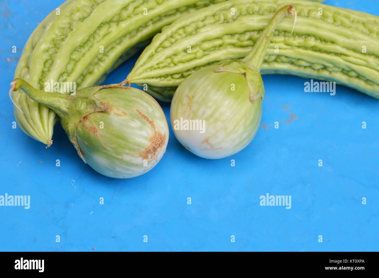 bitter cucumber and egg plant on blue table Stock Photo Alamy