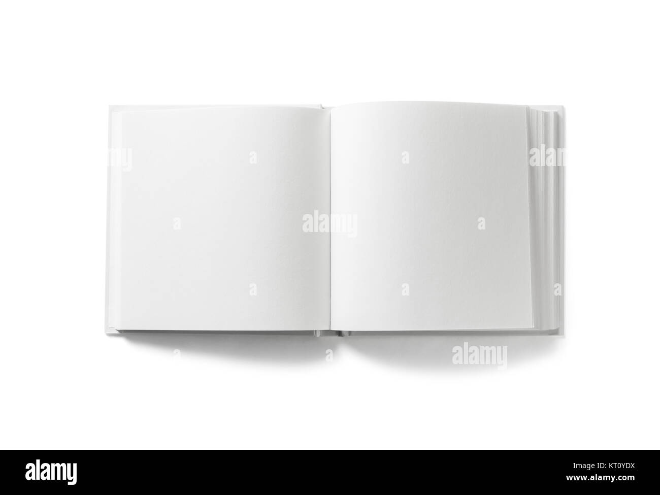 Open blank book on white background. Isolated with clipping path. Flat lay. Stock Photo