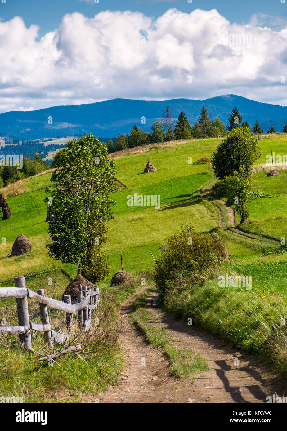 country road through rural hill of Carpathians. haystacks and wooden fence on agricultural field. beautiful autumn landscape with mountain ridge in a  Stock Photo