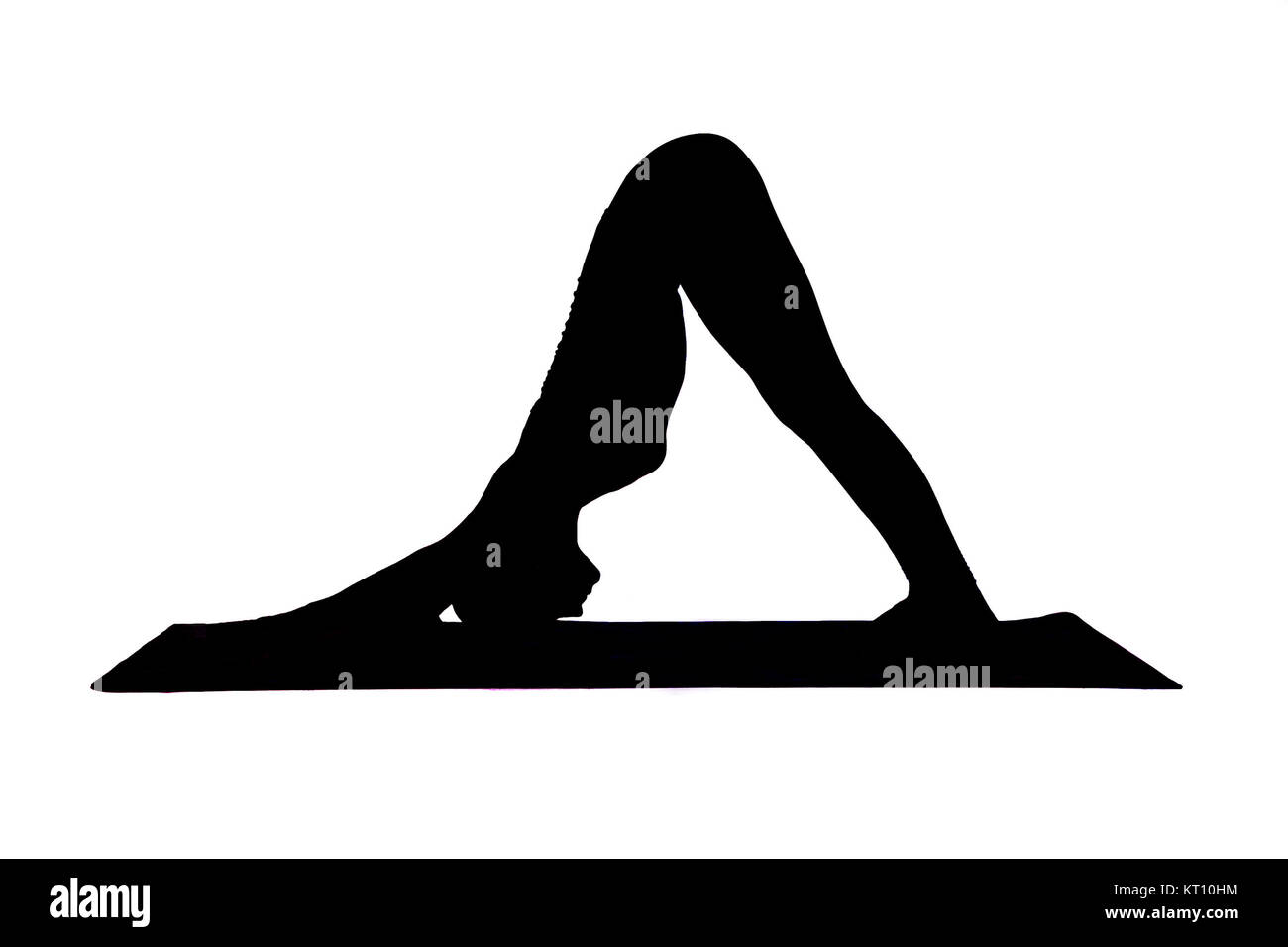 Adho mukha svanasana woman yoga pose posture position in silouhette on studio white background.  Downward facing dog position. Stock Photo