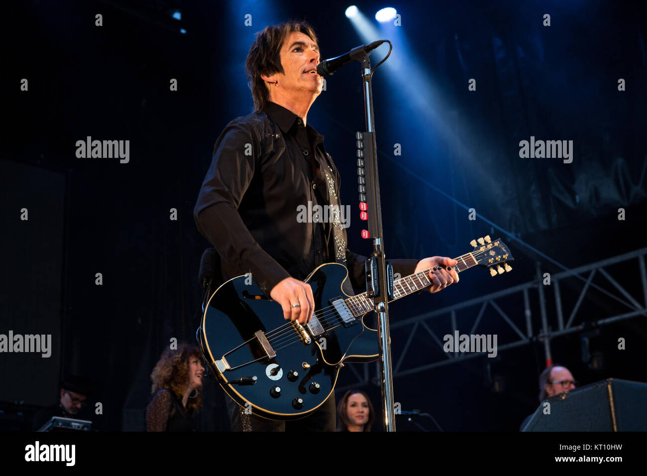 Norway, Fredrikstad – July 23, 2017. The Swedish singer, songwriter and musician Per Gessle performs a live concert during the Norwegian festival Månefestivalen 2017 in Fredrikstad. Per Gessle is formerly known from the Swedish pop duo Roxette. Stock Photo