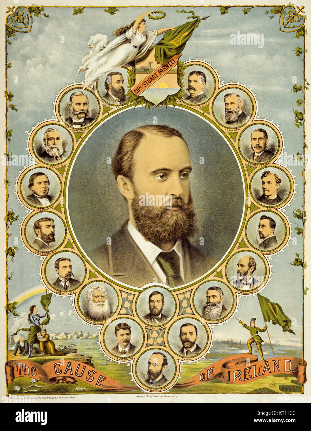 A poster from 1891, printed in America, supporting the Irish demand for Home Rule.  At the centre is a portrait of the Irish Nationalist politician Charles Stewart Parnell. He is surrounded by portraits of other prominent Nationalists. Stock Photo