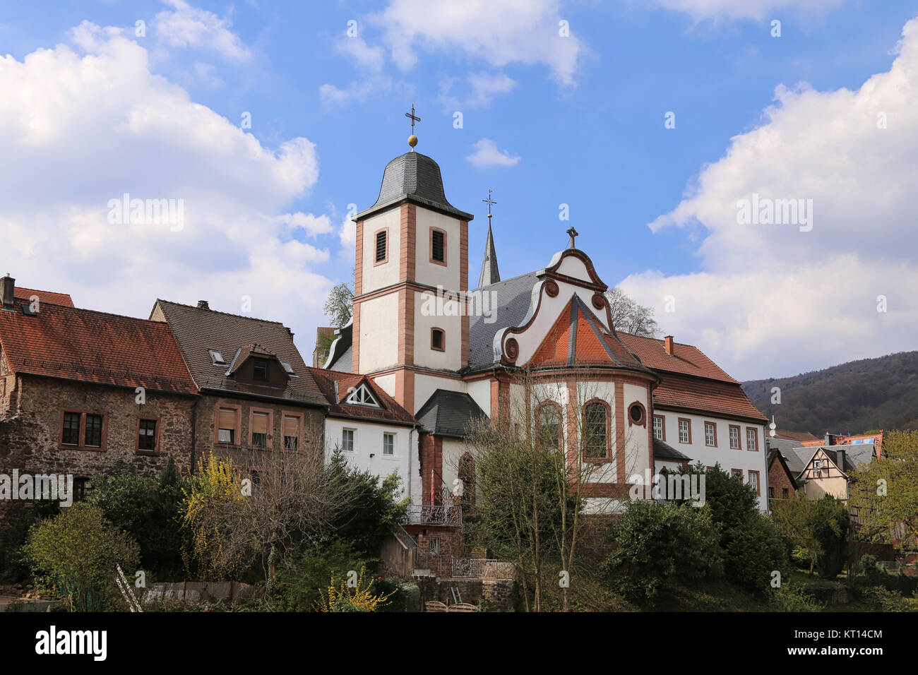 catholic parish church and the old town of neckarsteinach Stock Photo