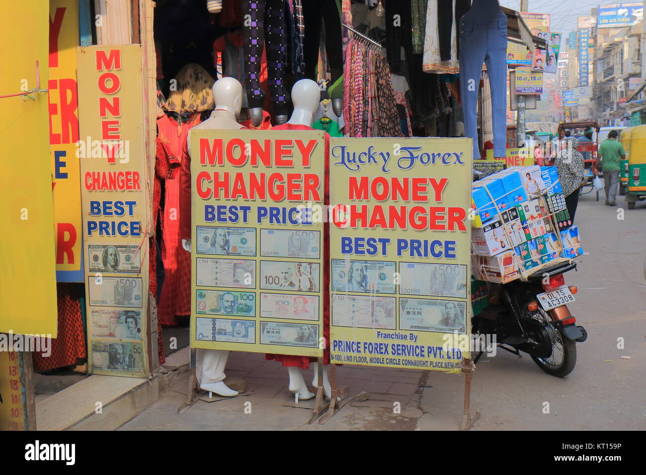 Money exchange shop displays exchange rates at Paharganj Main Bazaar