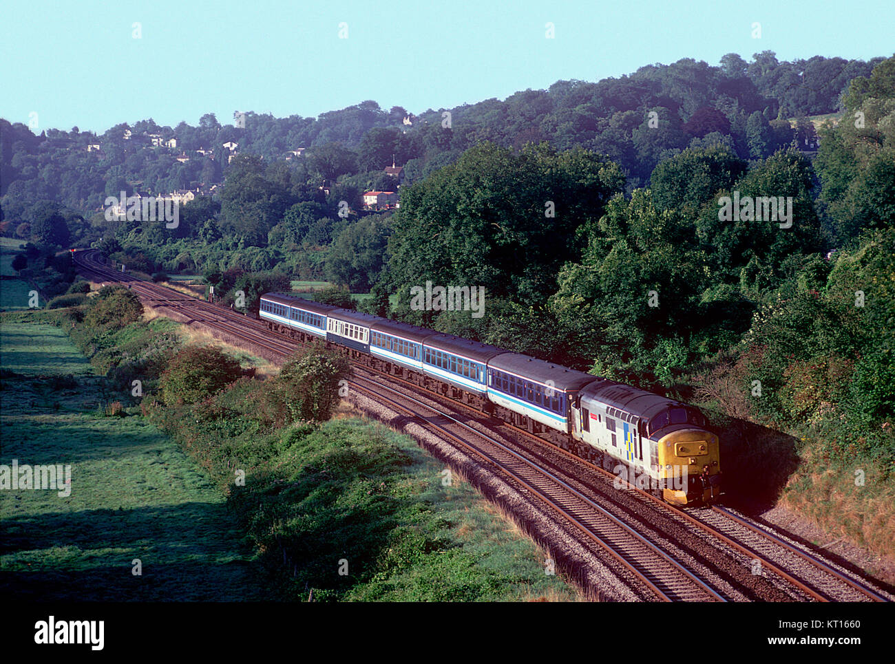 Class 37 diesel locomotive number 37425 working a Regional Railways service near Dundas Aqueduct in the Avon valley. 27th August 1993. Stock Photo