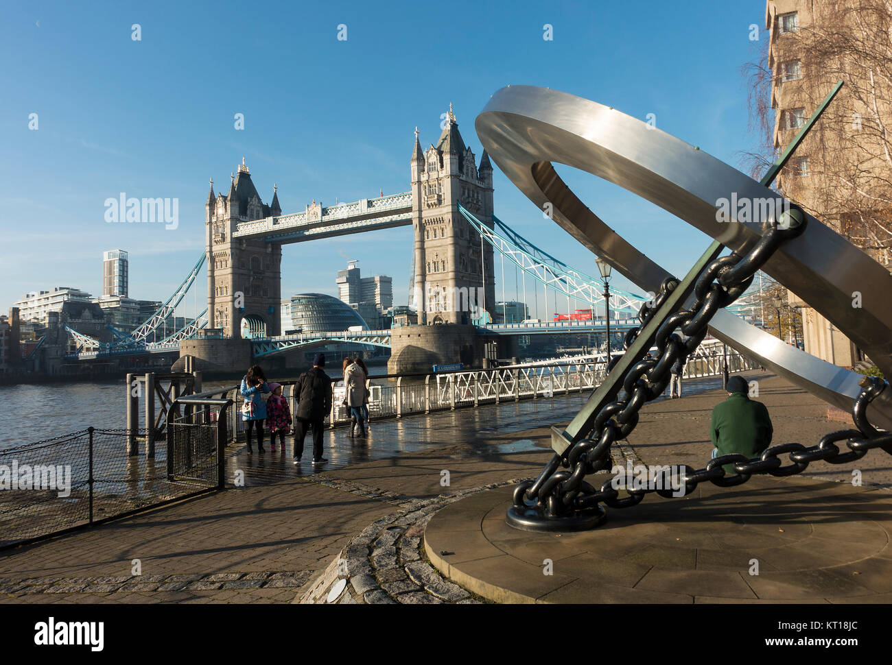 Tower Bridge and River Thames with St Katharine Pier on a Clear Winter Day with Beautiful Blue Sky London England United Kingdom UK Stock Photo