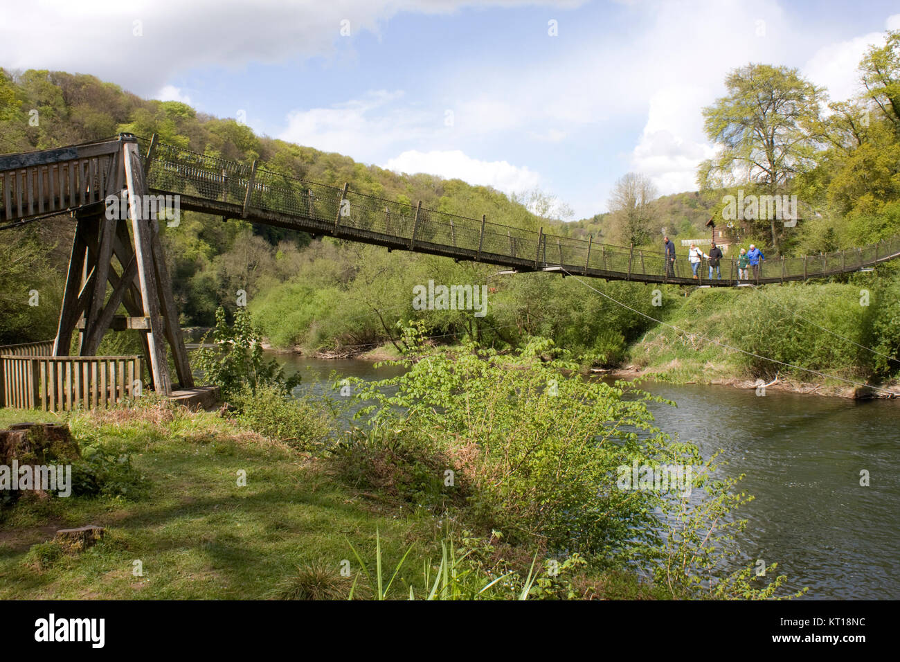 wire bridge over the river wye forest of dean england stock photo