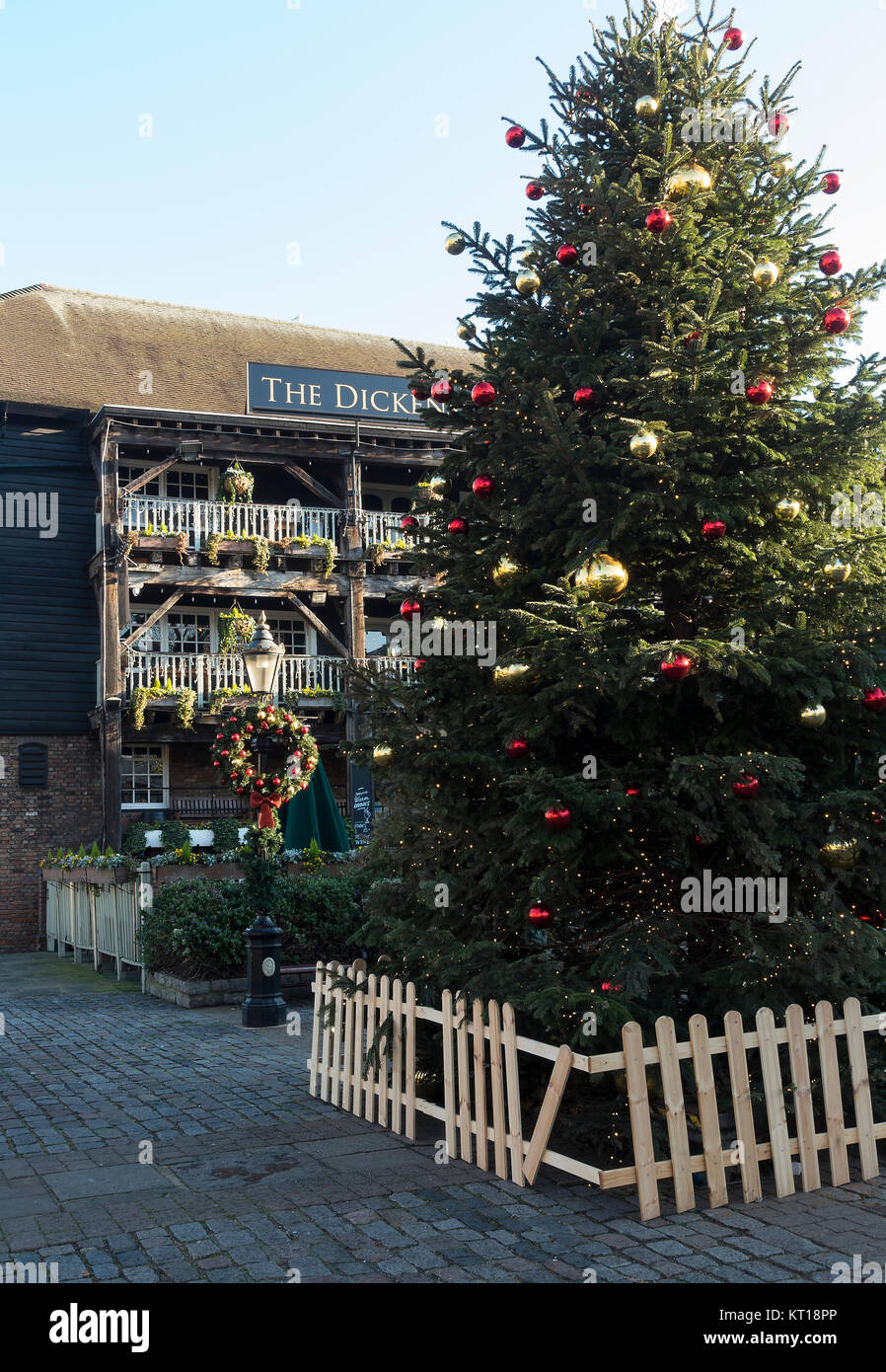 Beautiful Christmas Tree Outside The Dickens Inn at St Katharine Dock London United Kingdom UK Stock Photo