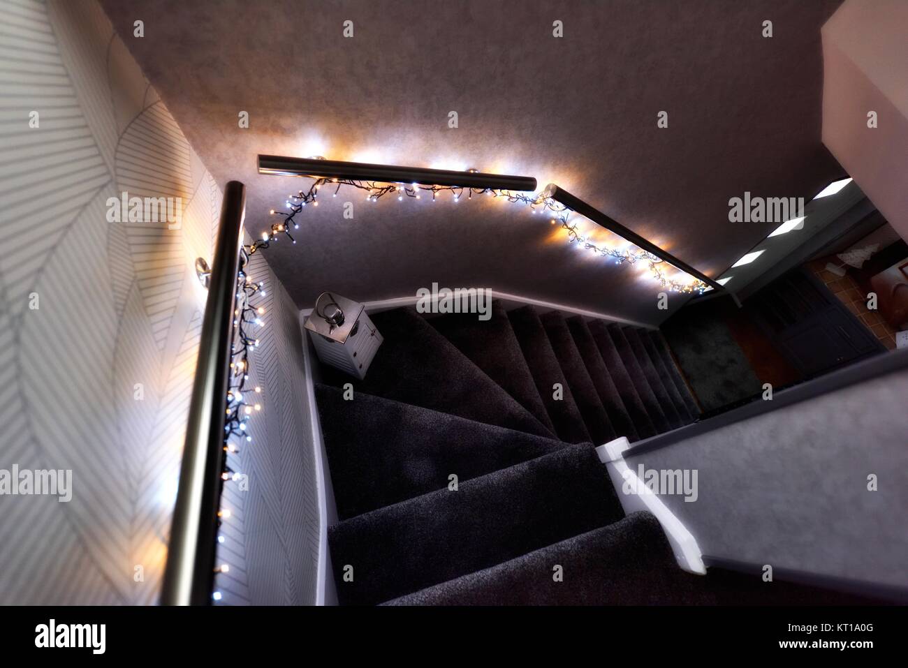 Christmas lights illuminating a stairway Stock Photo Alamy