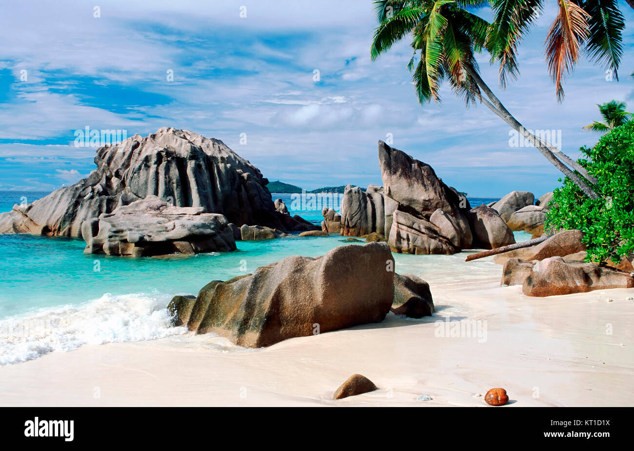 La Digue Island,  rocks at beach Anse Patates, Seychelles Stock Photo