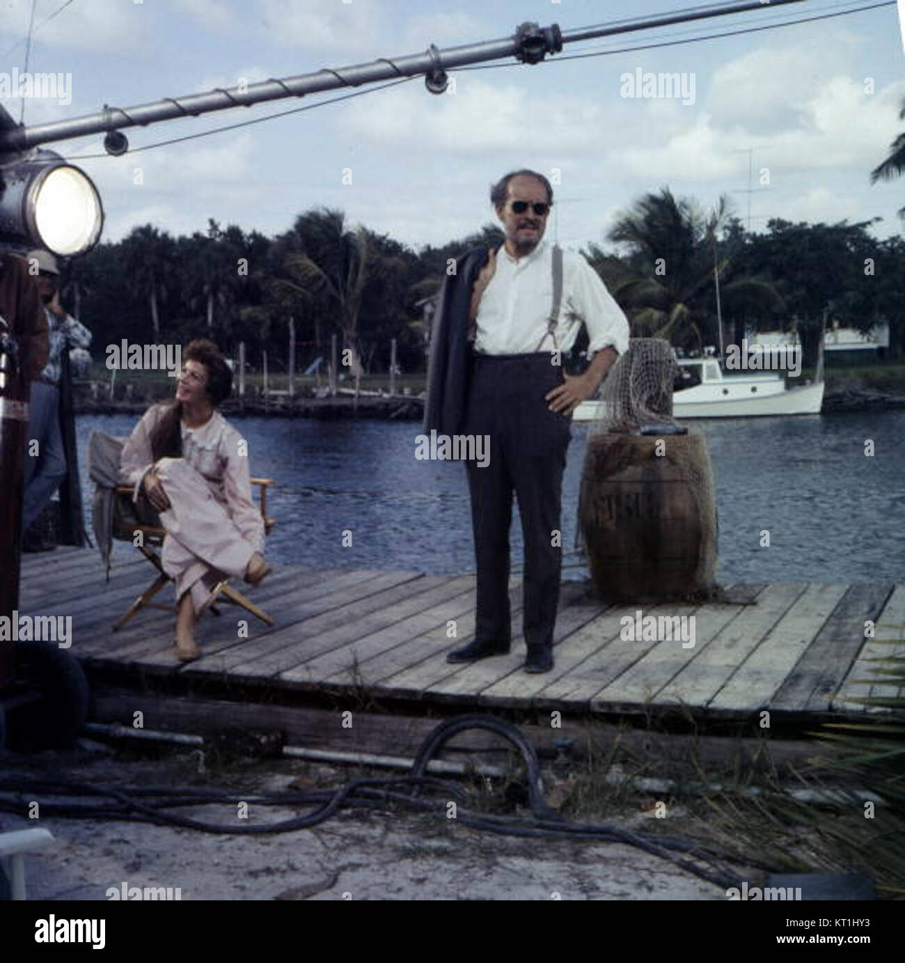 Chana Eden and Emmett Kelly are pictured together on the set of the film *Wind Across the Everglades*, filmed in Everglades National Park. The film, set in the natural environment of Florida, captures themes related to nature and human interaction. Stock Photo