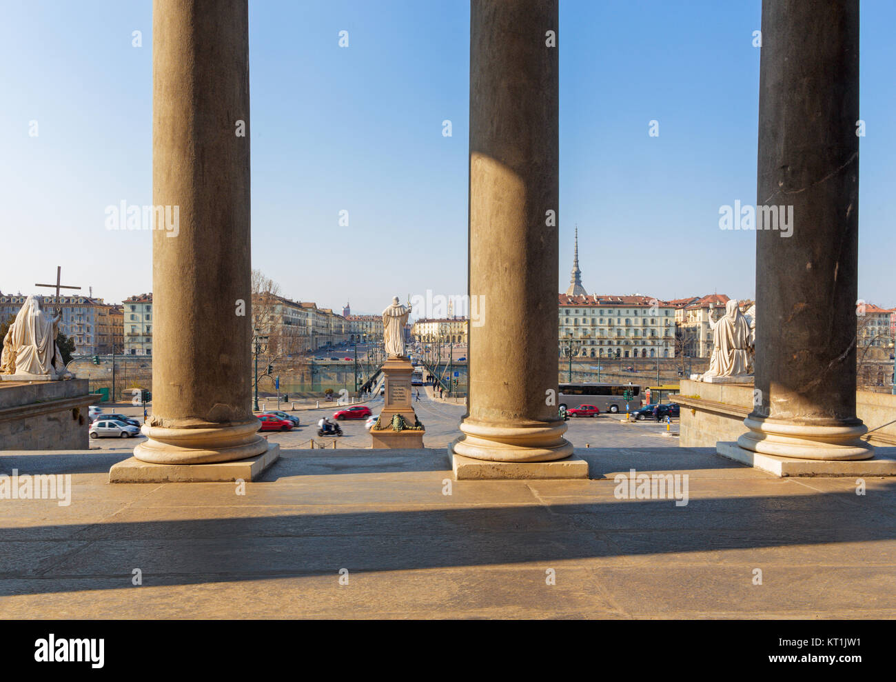 Turin - The bridge Vittorio Emaneule I and the City from portico of church Chiesa della San Madre di Dio. Stock Photo