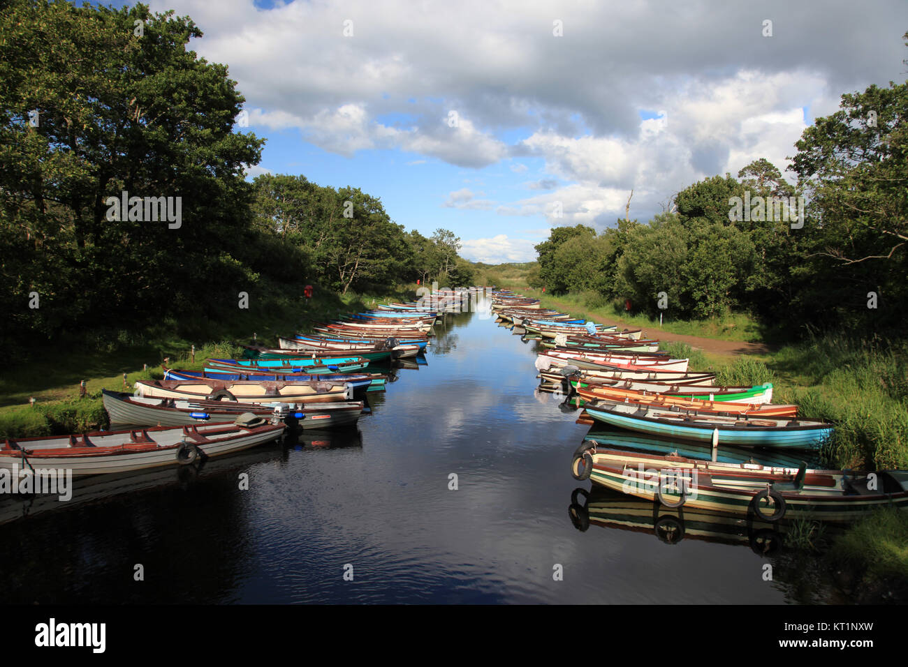Row of boat moorings with trees alongside in Ireland Stock Photo