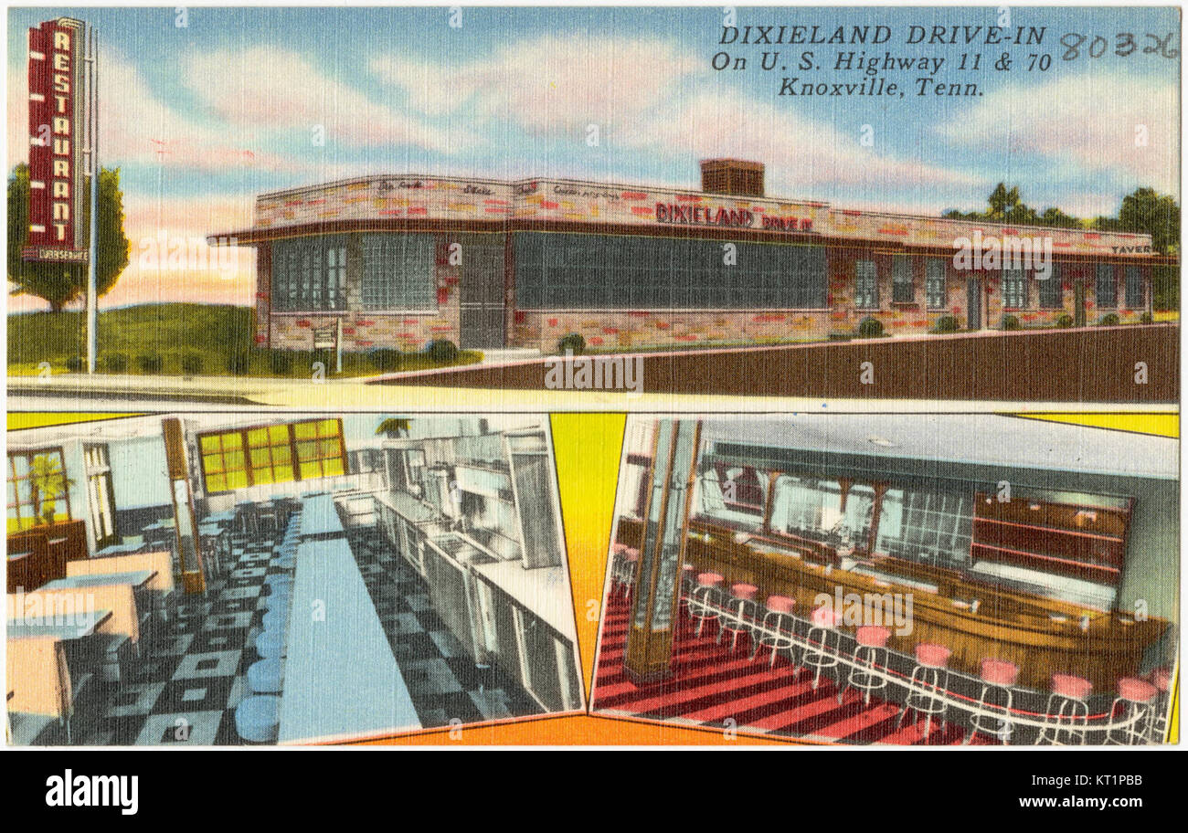 The Dixieland Drive-In, located on U.S. Highways 11 and 70 in Knoxville, Tennessee, was a popular drive-in restaurant known for its classic American fast food. It was a key part of Knoxville's mid-20th-century dining scene. Stock Photo