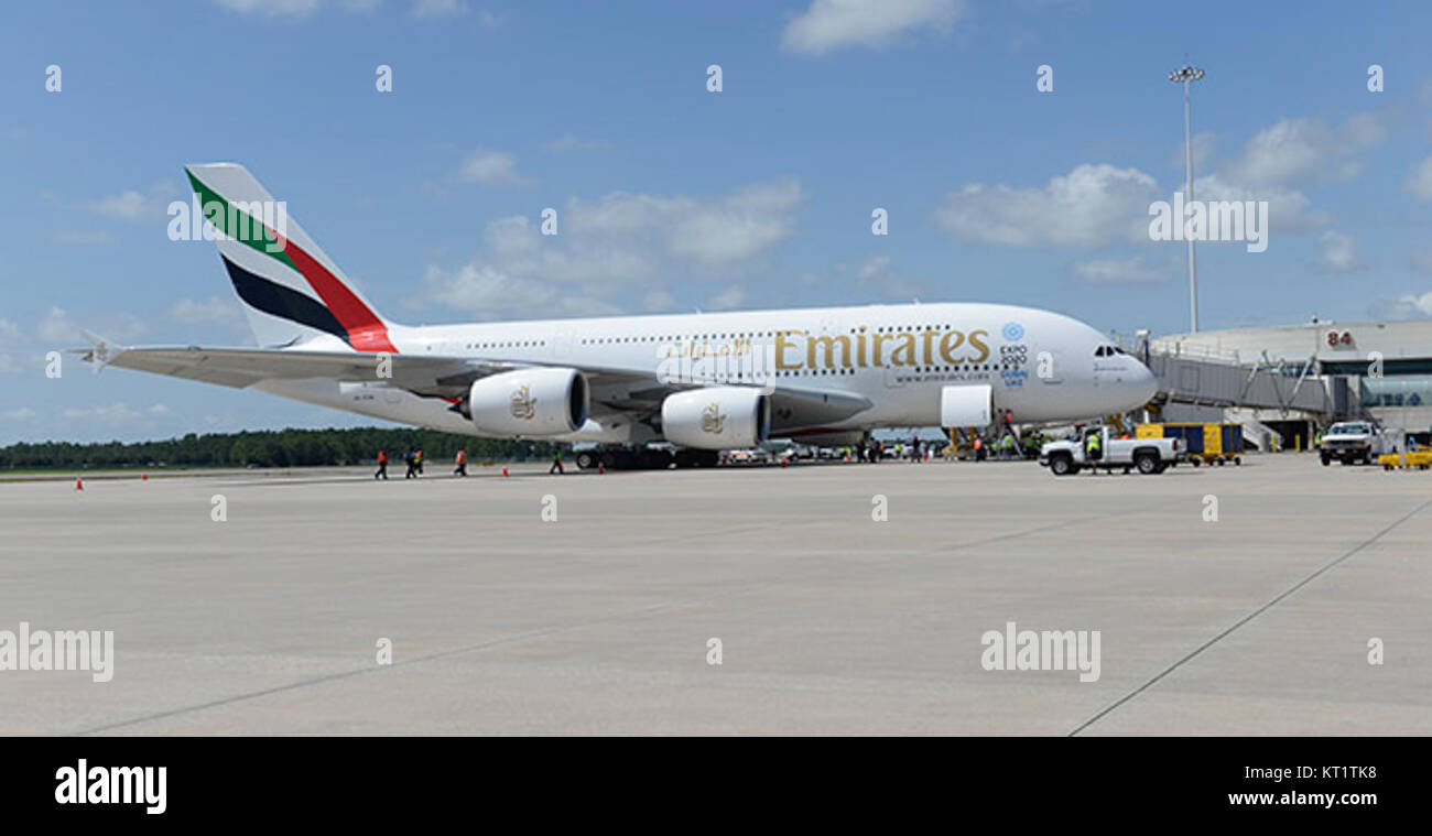 Emirates A380 A6-EOM at MCO-Orlando International Airport on 1-Sep-2015 Stock Photo