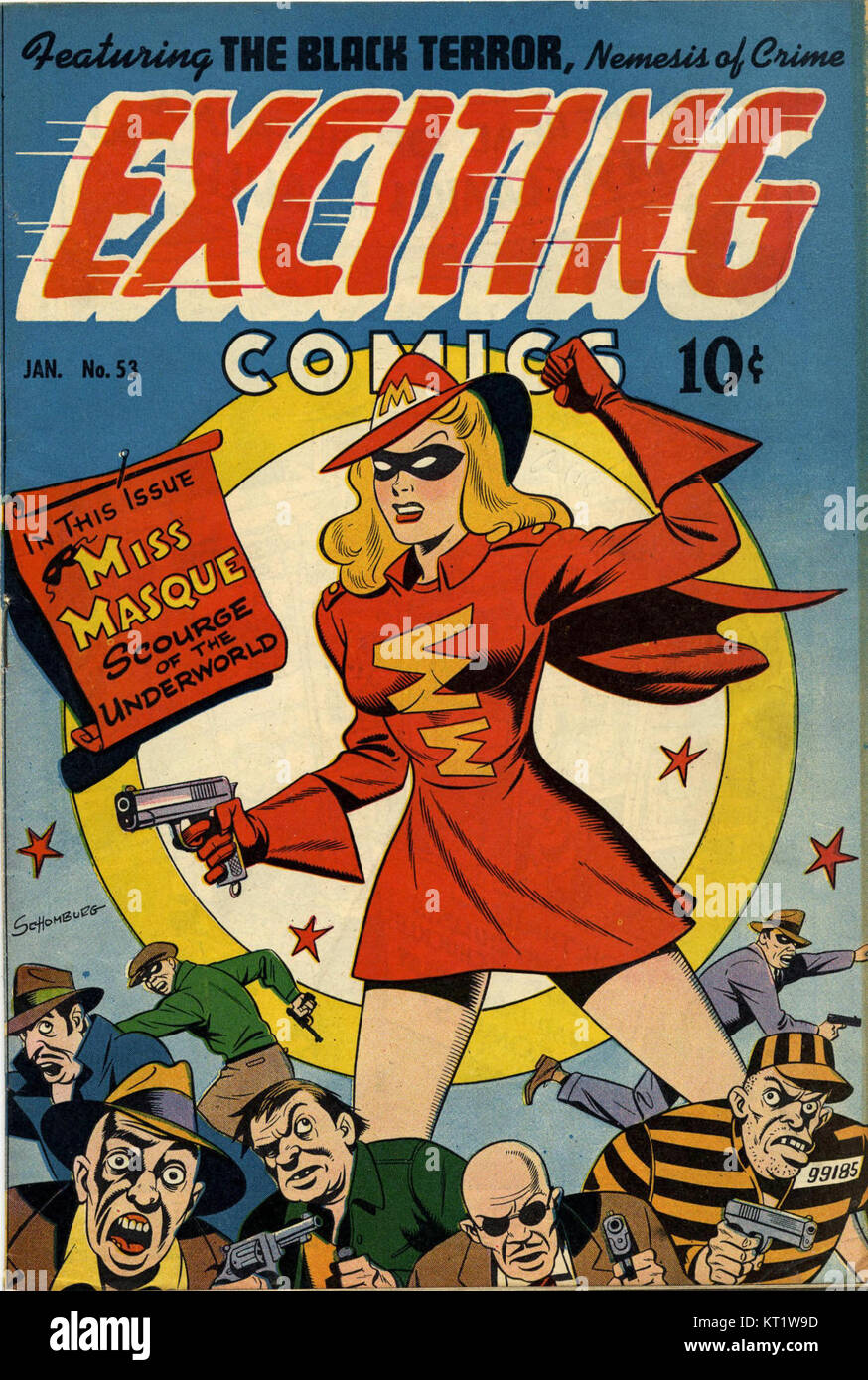 Miss Masque, the alter ego of Diana Adams, debuted in 'Exciting Comics' #51 in September 1946. A young socialite turned crime-fighter, she relied on her intellect and marksmanship, donning a red mini-skirted dress, matching accessories, and a domino mask adorned with yellow double 'M' emblems. Stock Photo