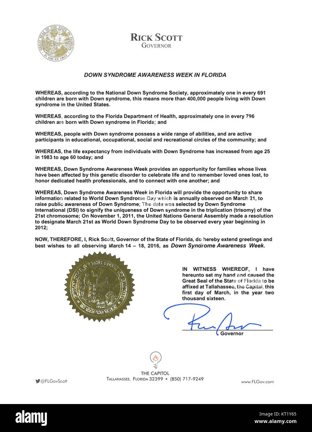 Florida's 2016 Down Syndrome Awareness Week Proclamation executed by Rick Scott, Governor Stock Photo
