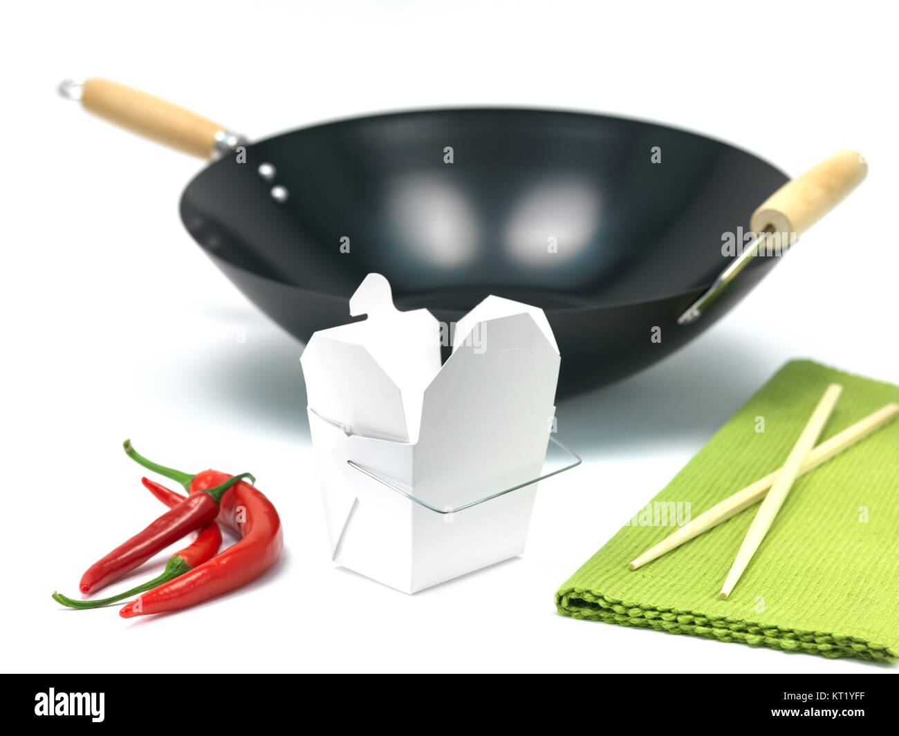A Chinese takeaway container and a wok isolated against a white