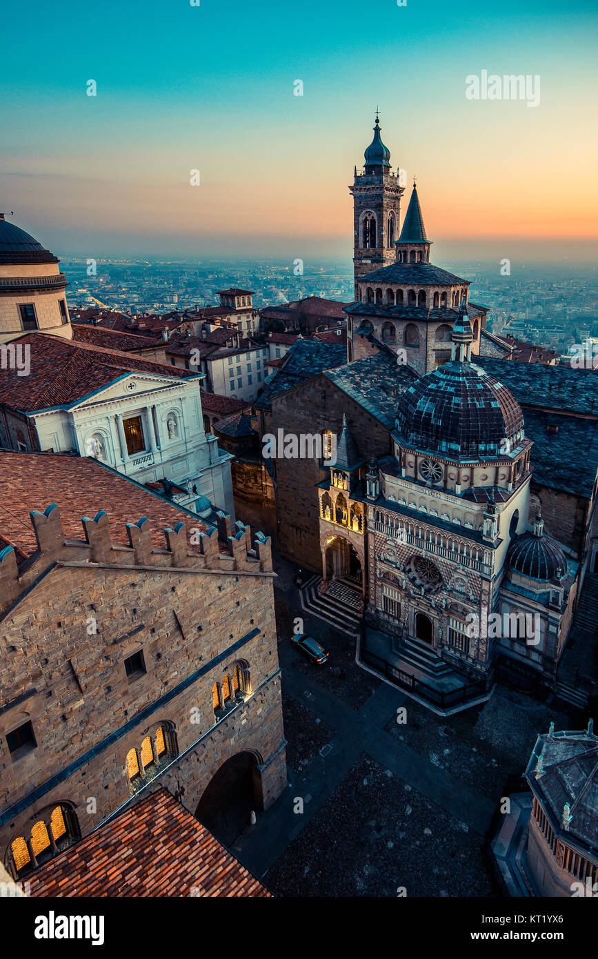 Bergamo Alta old town at sunset - S.Maria Maggiore Piazza Vecchia - Lombardy Italy Stock Photo