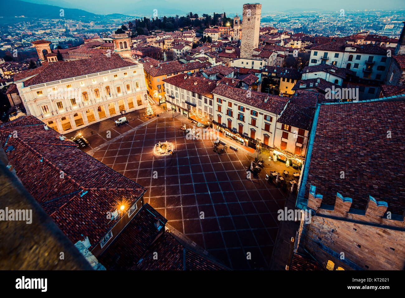 Bergamo Alta old town at sunset - S.Maria Maggiore Piazza Vecchia - Lombardy Italy Stock Photo