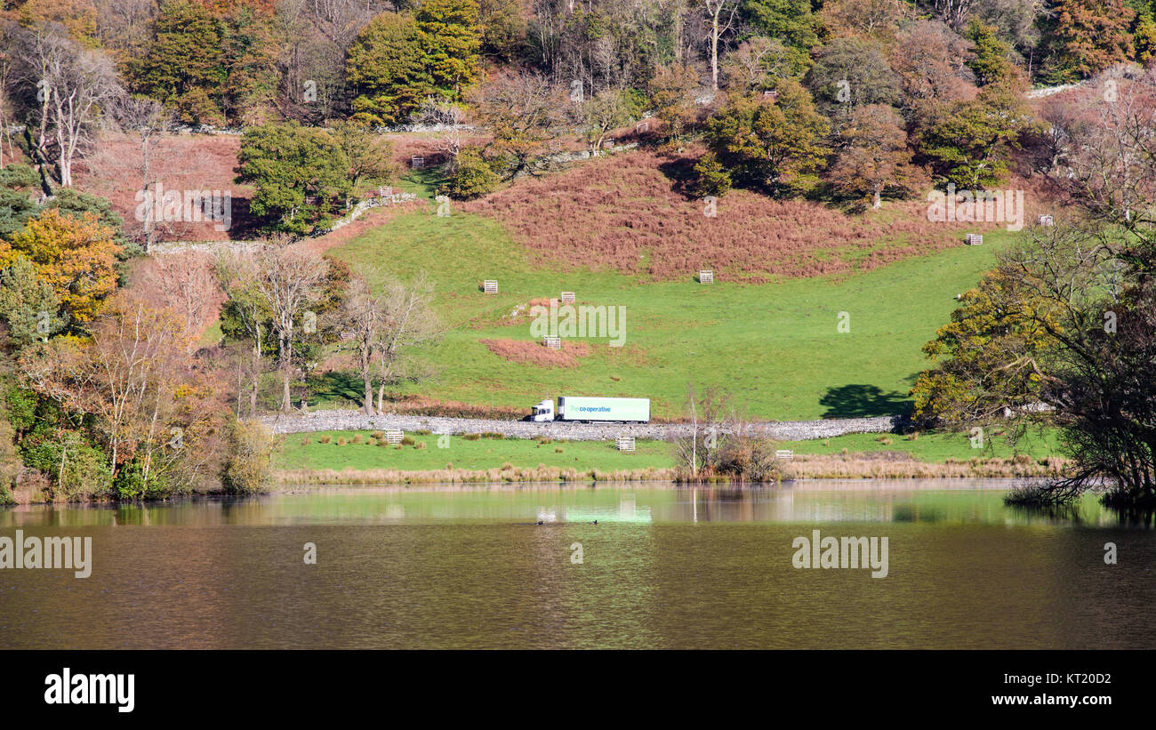 Ambleside, England, UK - November 11, 2016: A Cooperative supermarket delivery lorry passes autumn colours at Rydal Water lake on the rural A591 road  Stock Photo