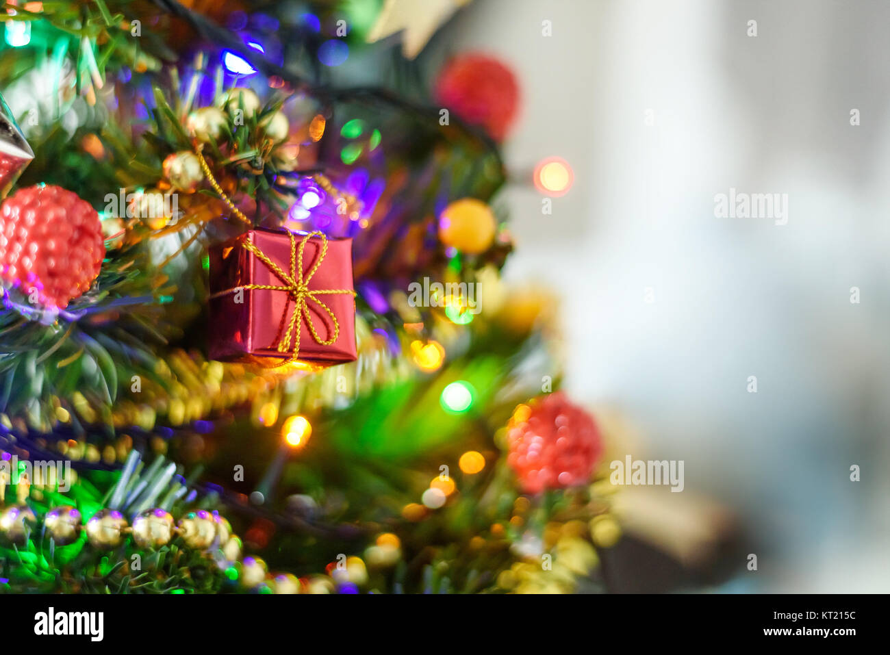 red box gift with christmas tree on blur background, 2018 happy new year concept, selective focus Stock Photo