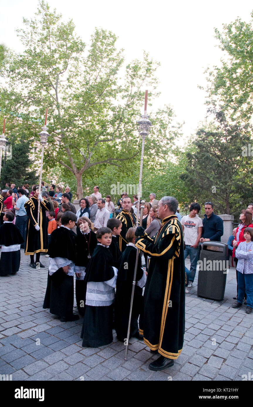 People during a Holy Week procession, Plaza de Oriente. Madrid, Spain. Stock Photo