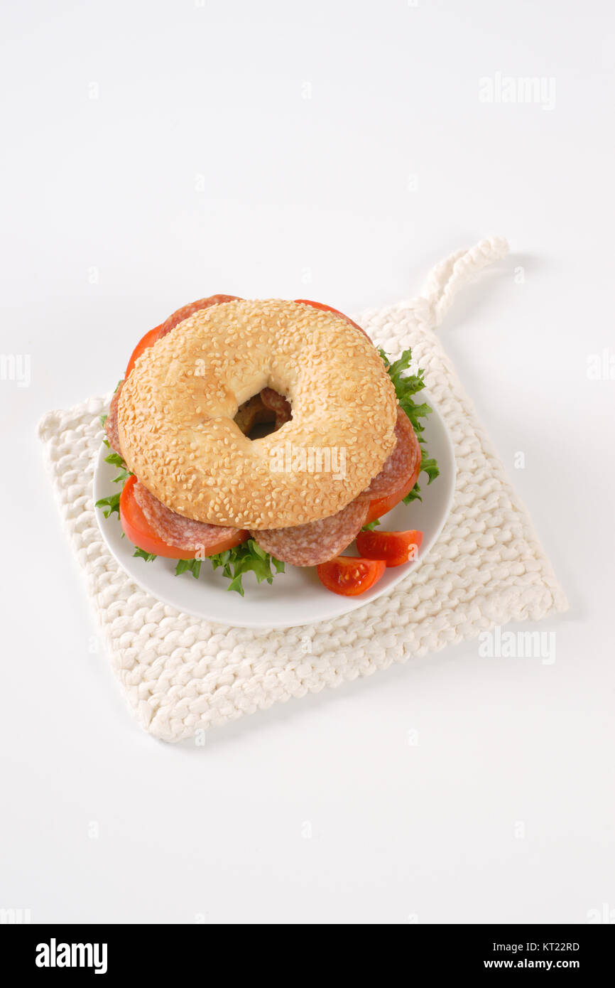 bagel sandwich with salami Stock Photo Alamy
