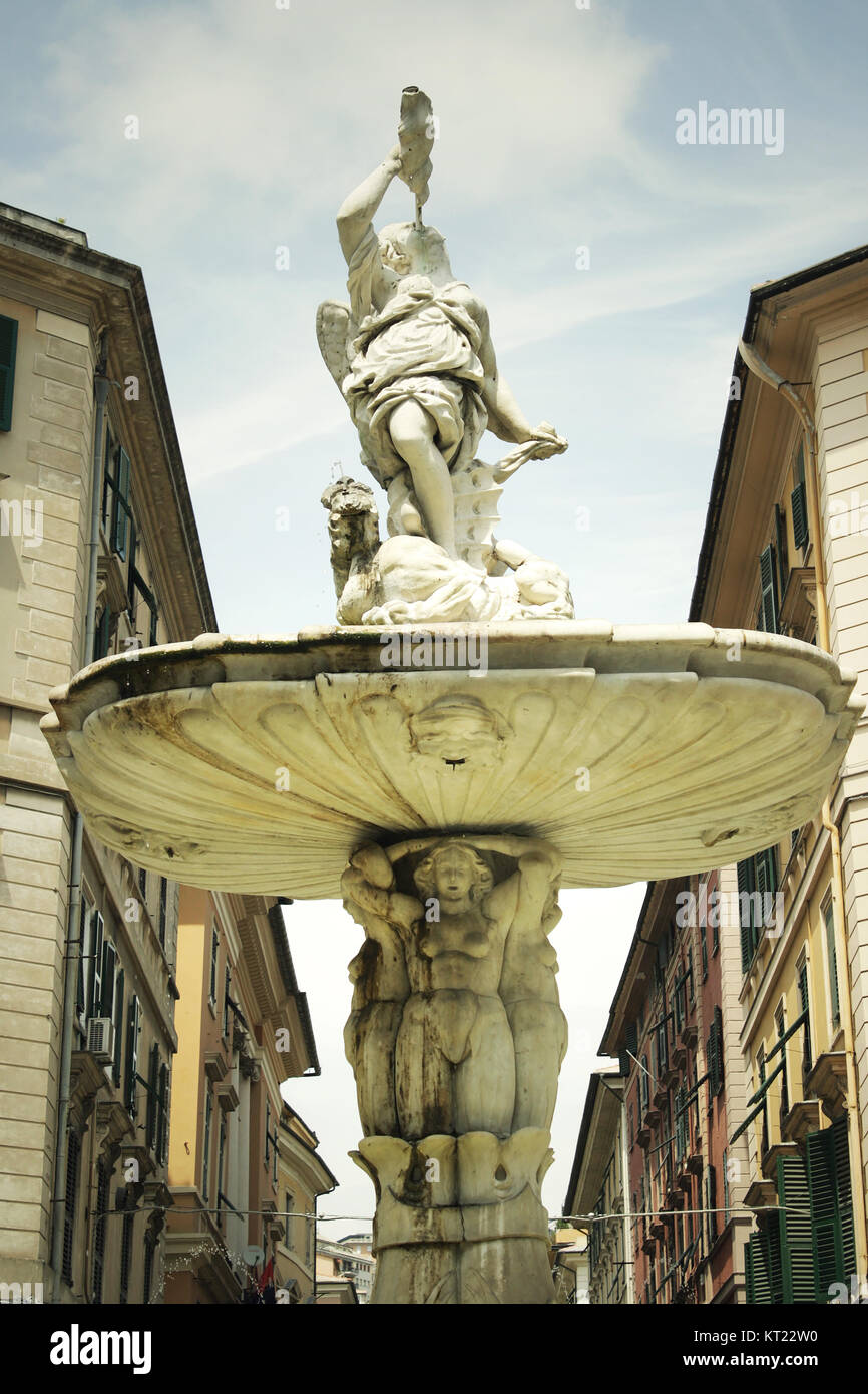 Beautiful axterior of Fountain in Piazza Colombo, Genoa, Italy Stock Photo