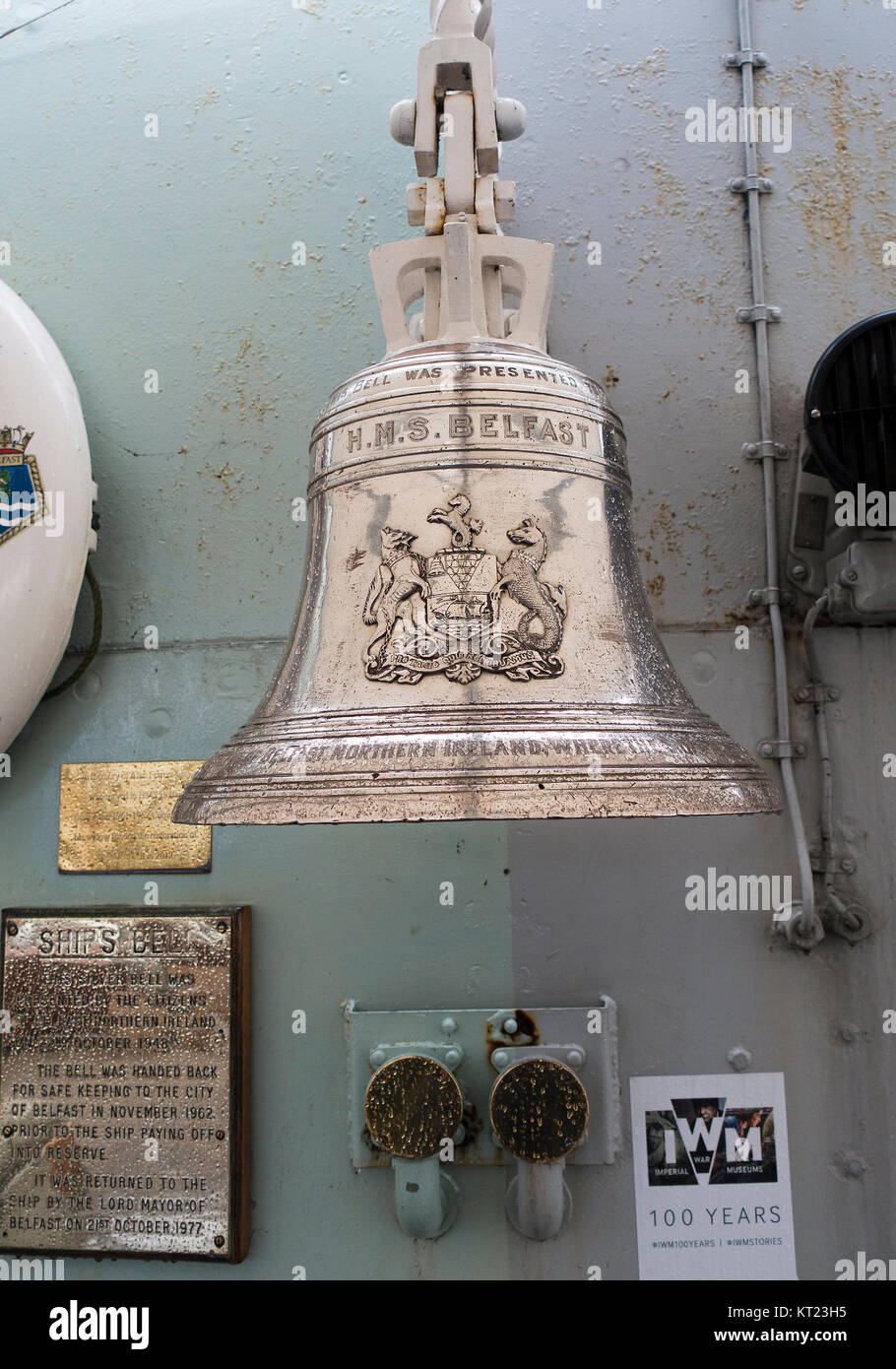The Silver Ships Bell on HMS Belfast Moored in the River Thames part of Imperial War Museum Collection London England United Kingdom UK Stock Photo
