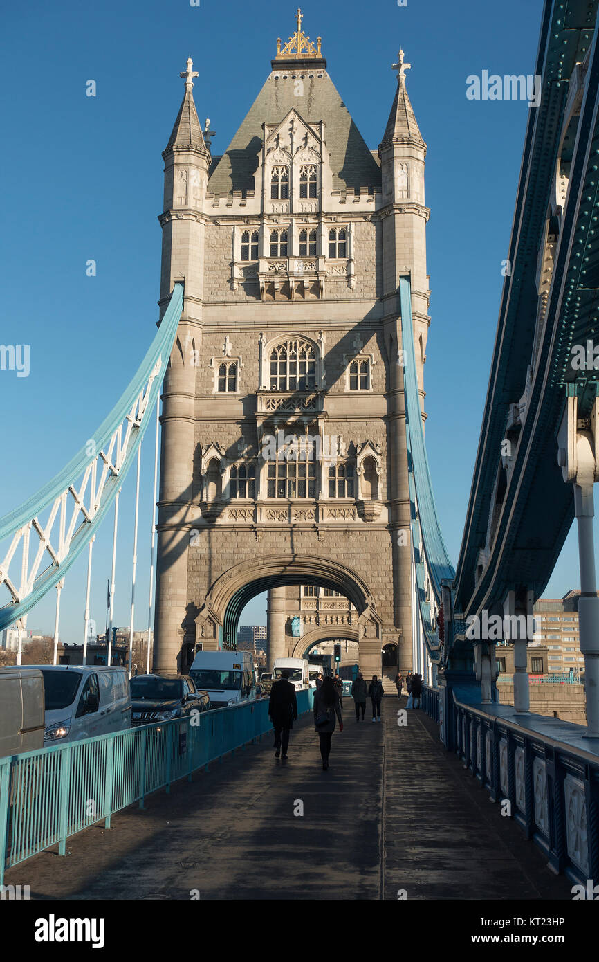 Tower Bridge with Clear Blue Sky on a Cold Winter Morning Crossing The River Thames in London England United Kingdom UK Stock Photo