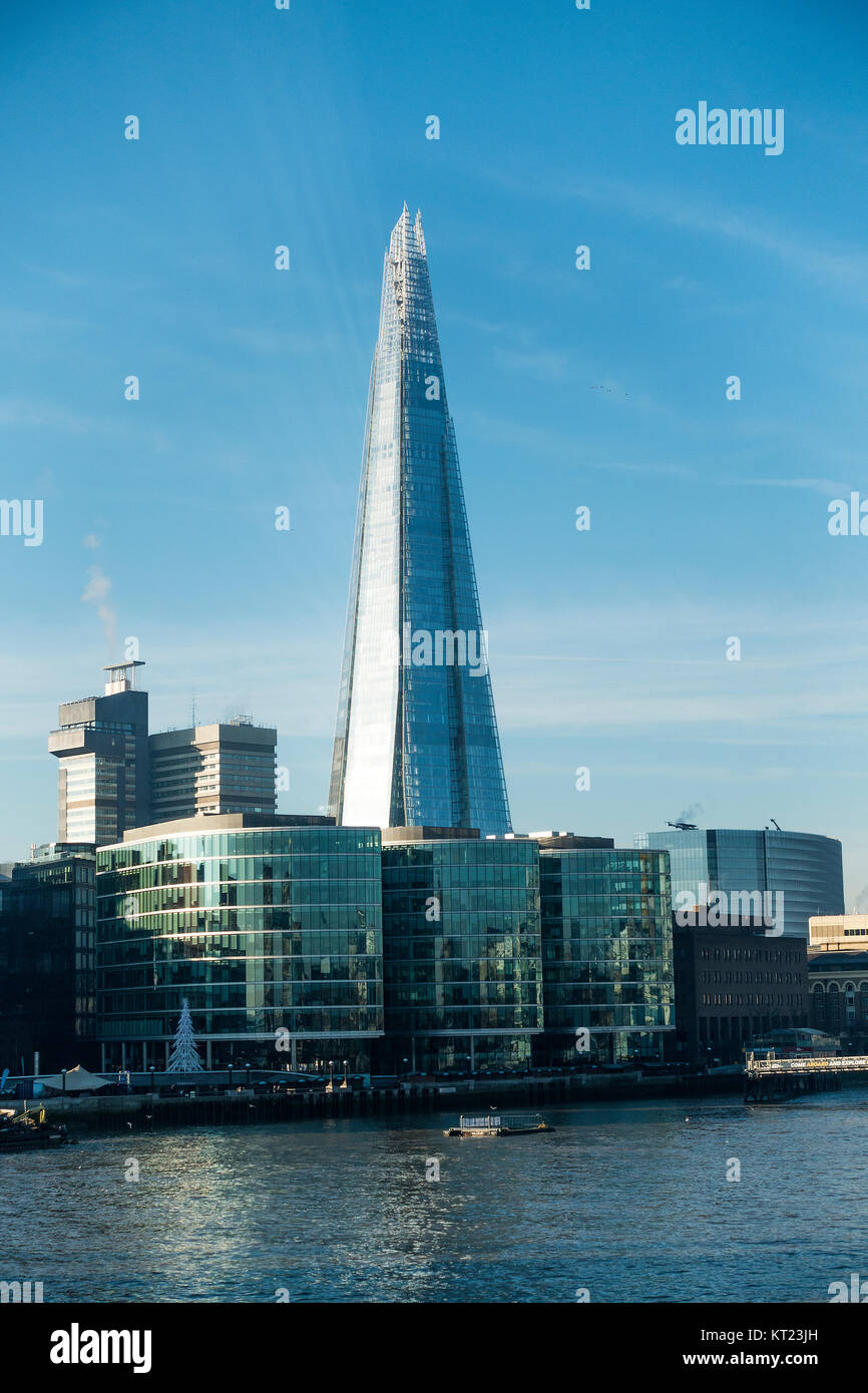 The Shard Skyscraper and Office Accommodation with the River Thames from Tower Bridge in Winter Sunshine London England United Kingdom UK Stock Photo