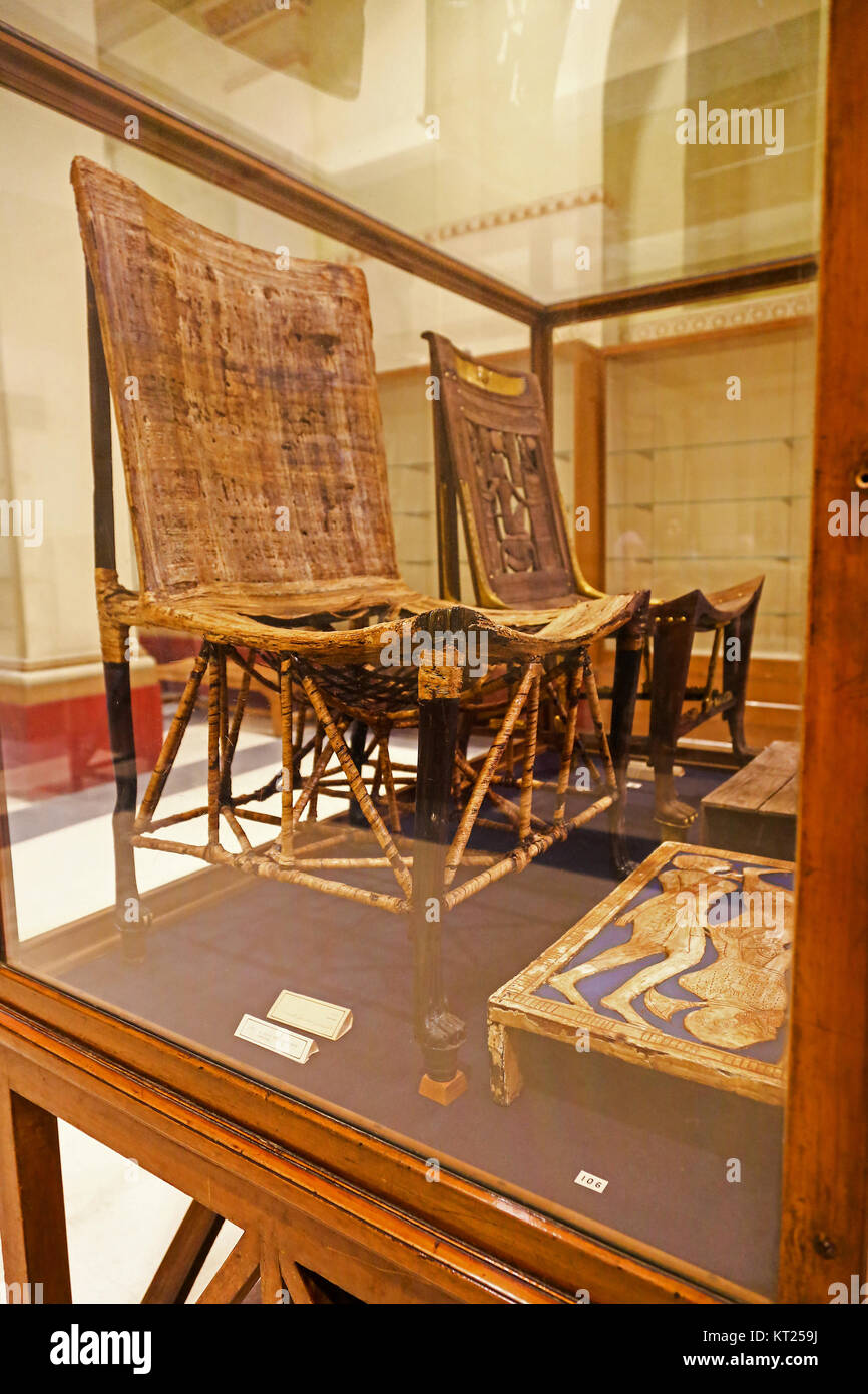 A chair of canvas over papyrus from King Tutankhamen's tomb, Egyptian Museum of Antiquities, Cairo Stock Photo
