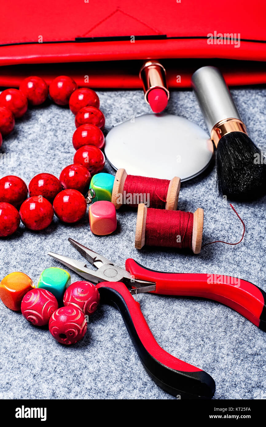 Set of tools and accessories for making necklaces Stock Photo Alamy