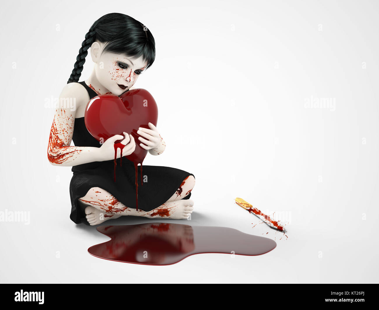 3D rendering of a blood covered small girl holding bleeding heart. Stock Photo